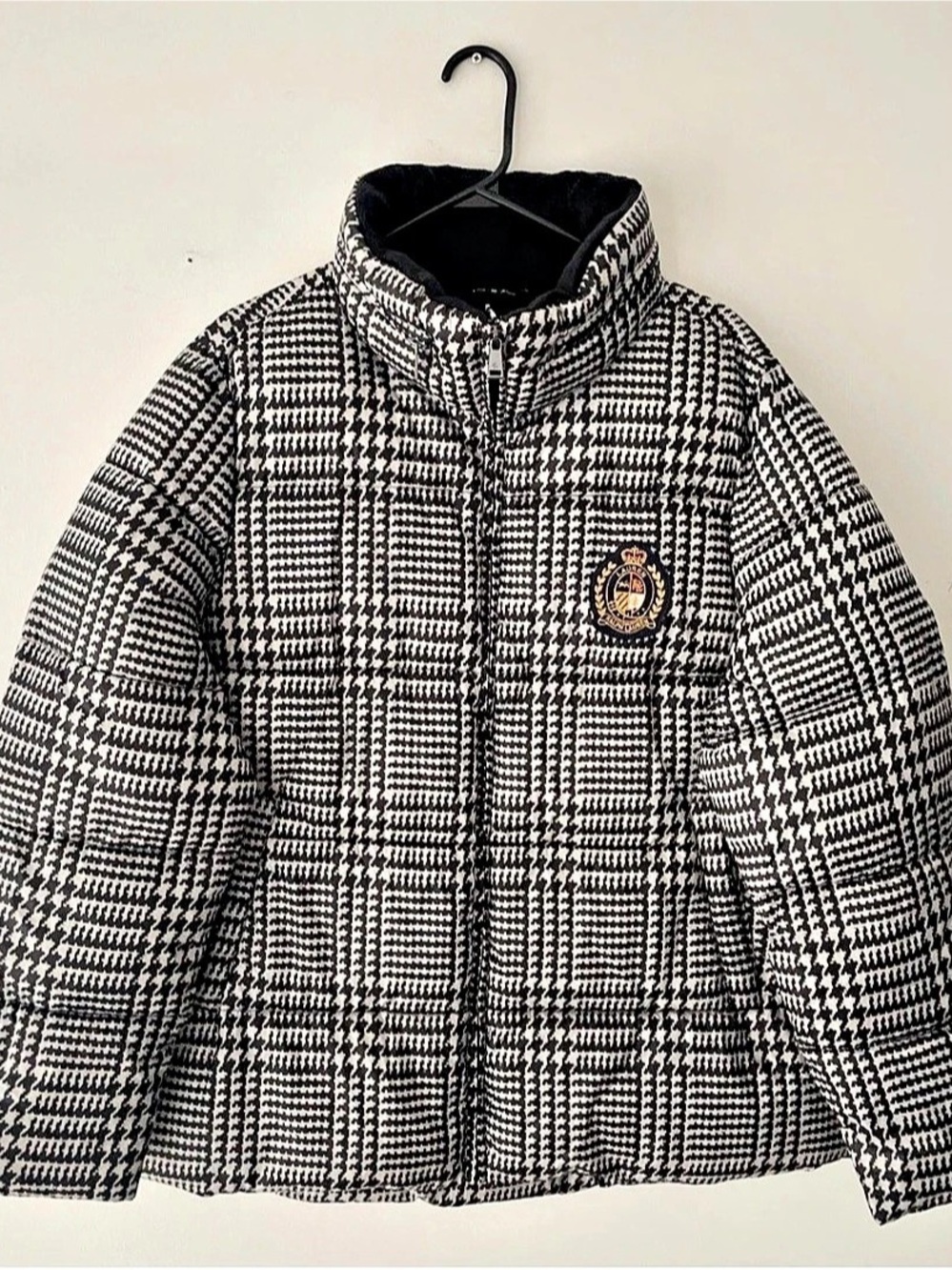 Lauren Ralph Lauren Houndstooth Crest-Patch Puffer Coat Black & White XXL